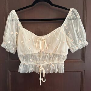 LE LIS | Daisy Embroidered Coquette Style Sheer Peasant Style Crop | Size Medium